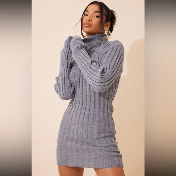 Prettylittlething Dresses | Nwt Pretty Little Thing Roll Neck Sweater Dress Size Medium | Color: Gray | Size: M | Patricialc79's Closet